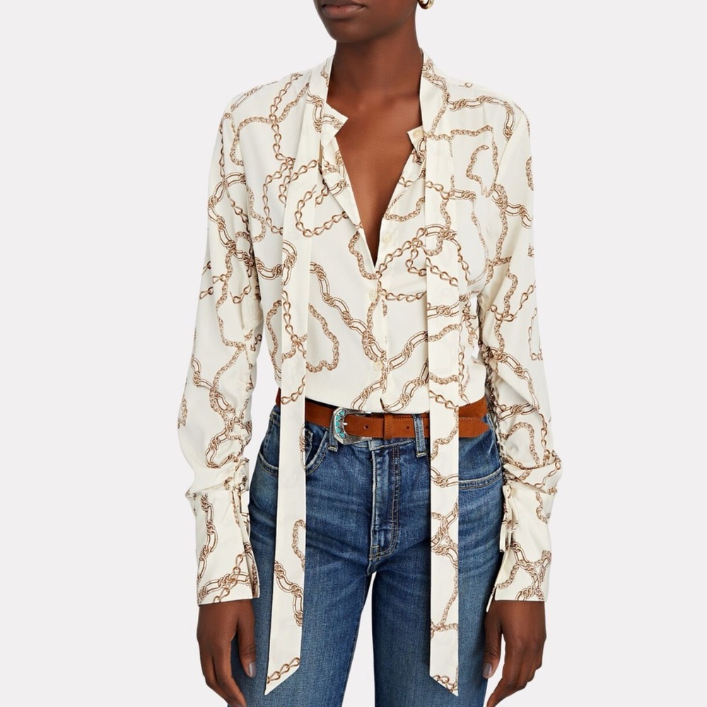 Veronica Beard Cream and Brown Chain Print Blouse